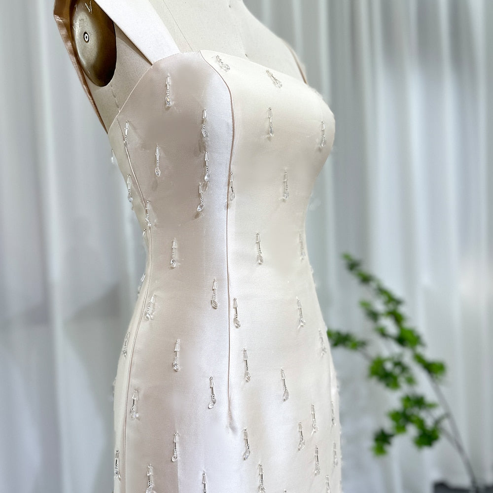 Beige Satin Midi Short Evening Dress Luxury Crystal Tassel Women Wedding Formal Party Gowns - Image 5