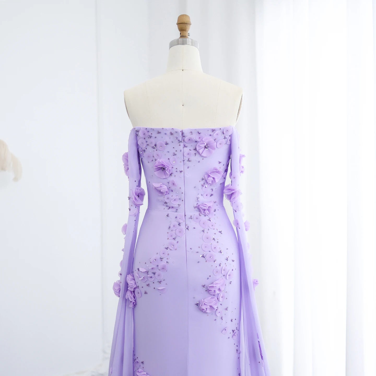 Elegant Off Shoulder Lilac 3D Flowers Evening Dress with Cape Sleeves for Wedding Party - Image 4