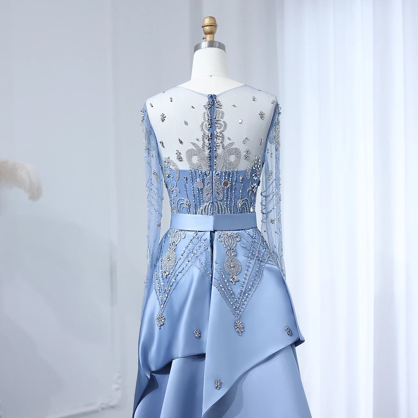 Luxury Beads Blue Long Sleeves Evening Dress with Overskirt Women Party Gowns - Image 5