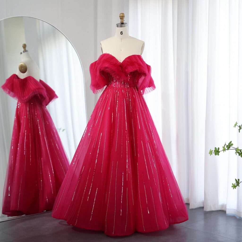 Luxury Ball Gown Fuchsia Evening Dress for Women Wedding Off Shoulder Celebrity Party Gown