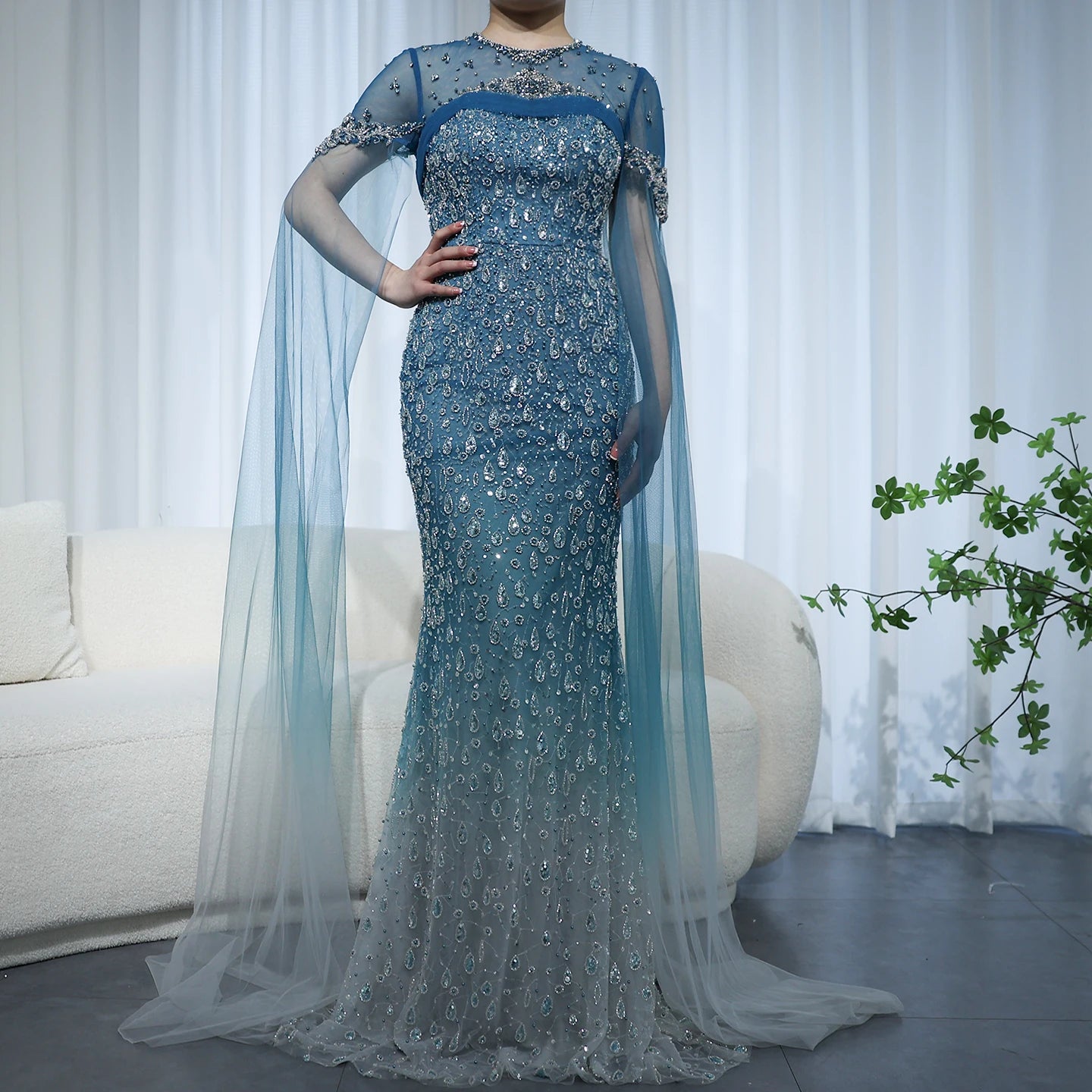 Mermaid Turquoise Crystal Evening Dresses with Cape Sleeves Arabic Women Wedding Party Gowns - Image 13