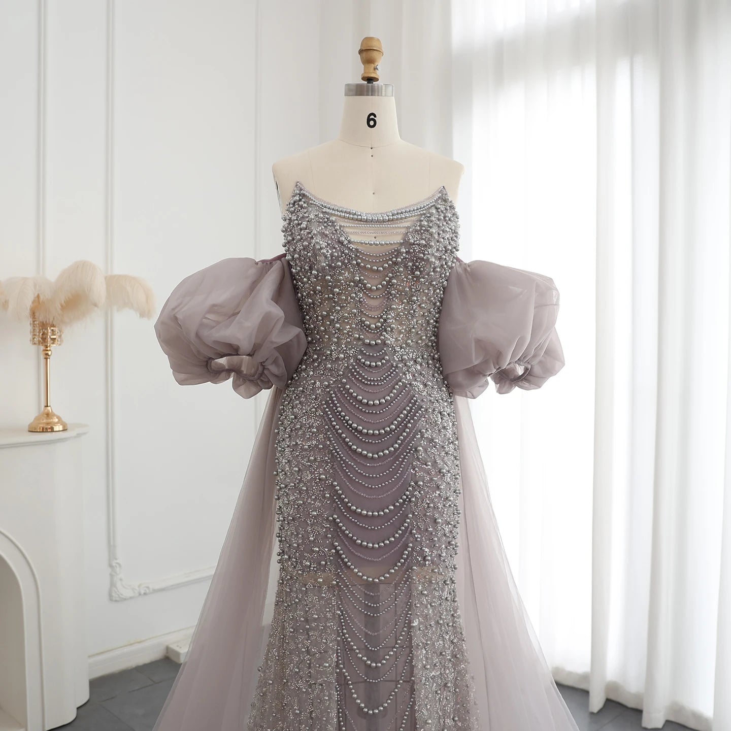 Luxury Pearls Purple Mermaid Evening Dress with Cape Sleeves Tassel Wedding Party Gowns - Image 2