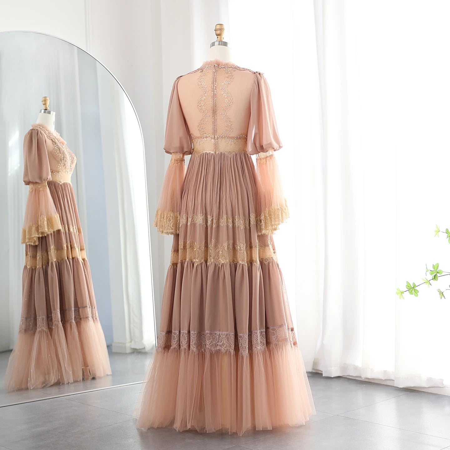 Elegant Peach Lace Evening Dress Luxury Long Sleeves Wedding Party Gowns - Image 6