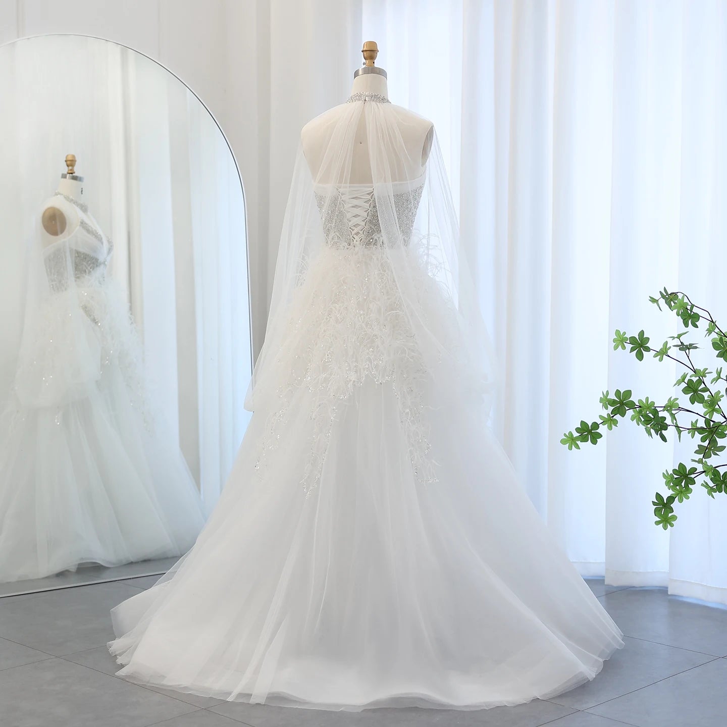 Luxury Feathers Ball Gown White Evening Dresses with Cape Sleeves for Wedding Party Dresses - Image 6