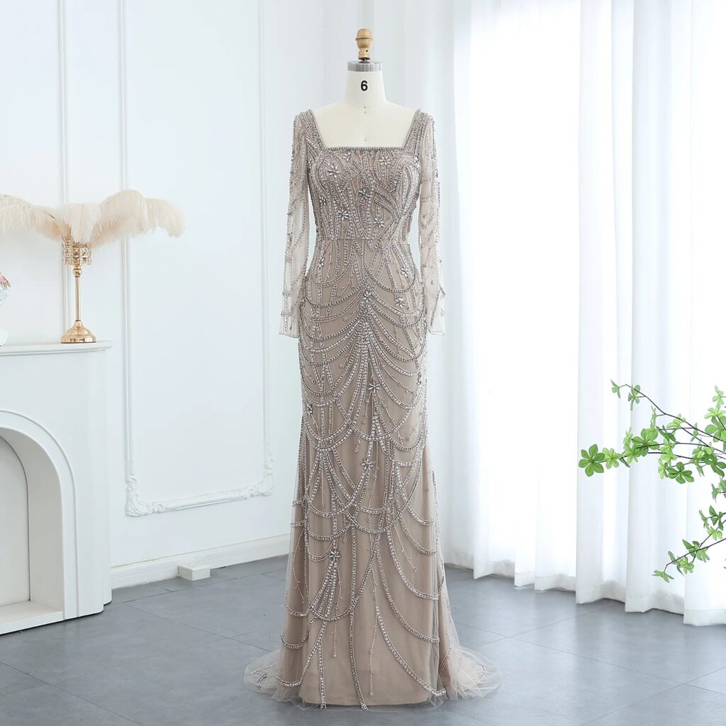 Luxury Green Mermaid Evening Dresses Long Sleeves Square Neckline Women Wedding Party