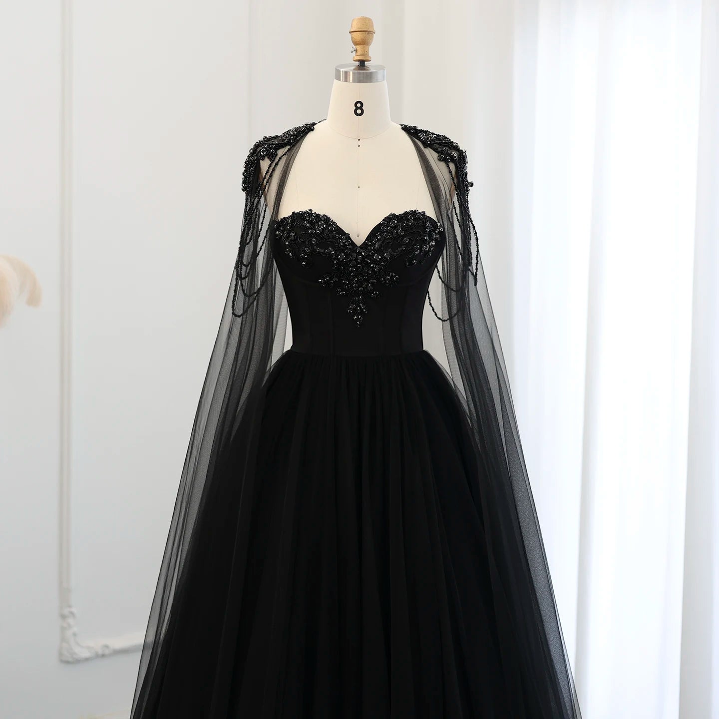 Gothic Tulle Evening Dress with Cape Sleeves Elegant Women Luxury Formal Party Gowns - Image 3