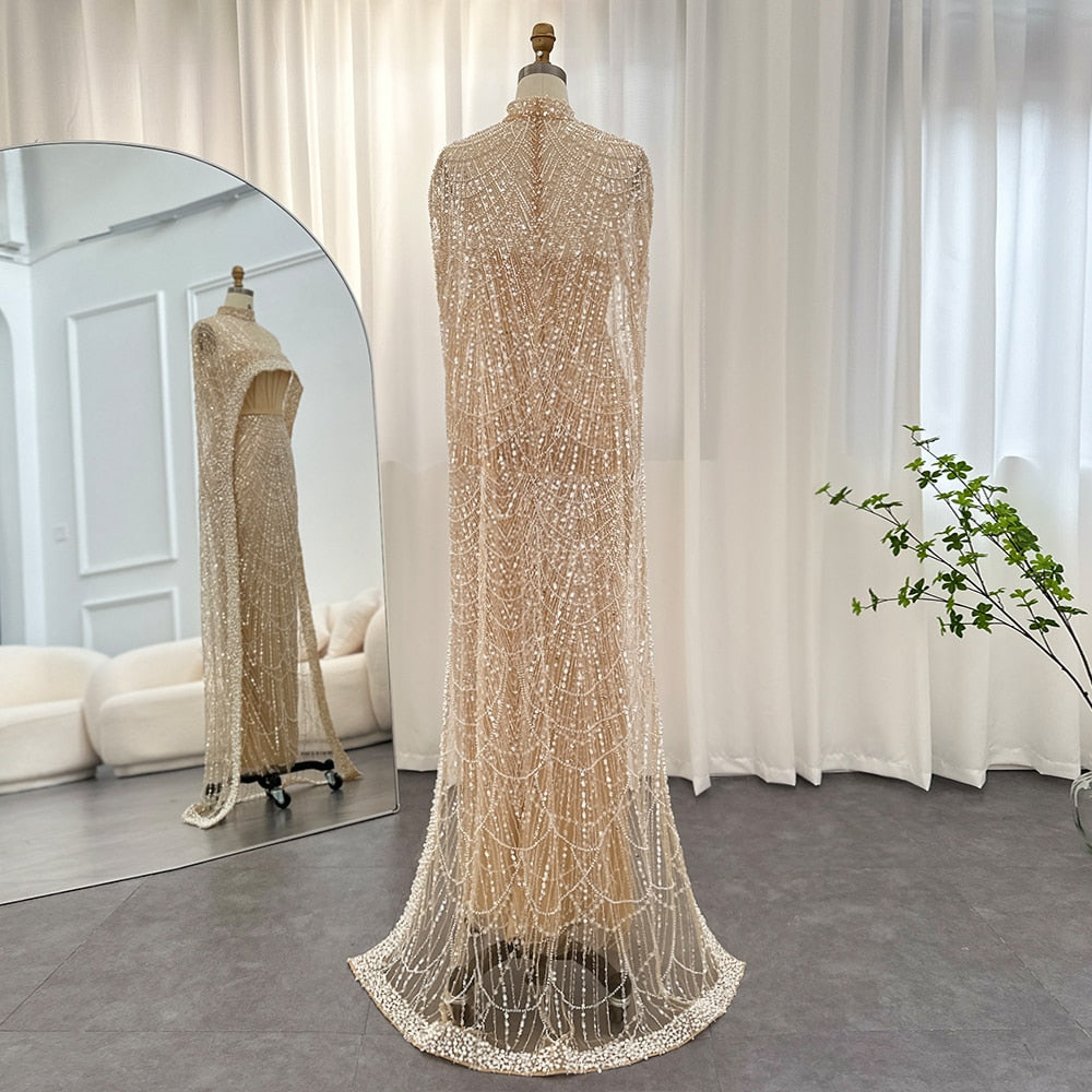 Luxury Pearls Champagne Evening Dresses with Cape Women Mermaid Wedding Party Prom Dress - Image 16