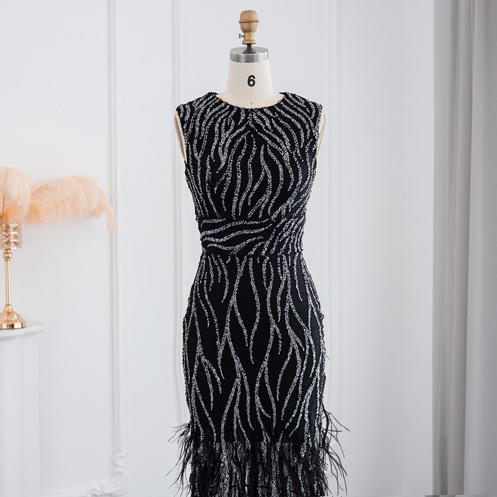 Elegant Lace Midi Evening Dress with Feathers Beading Formal Dresses for Wedding Party - Image 21