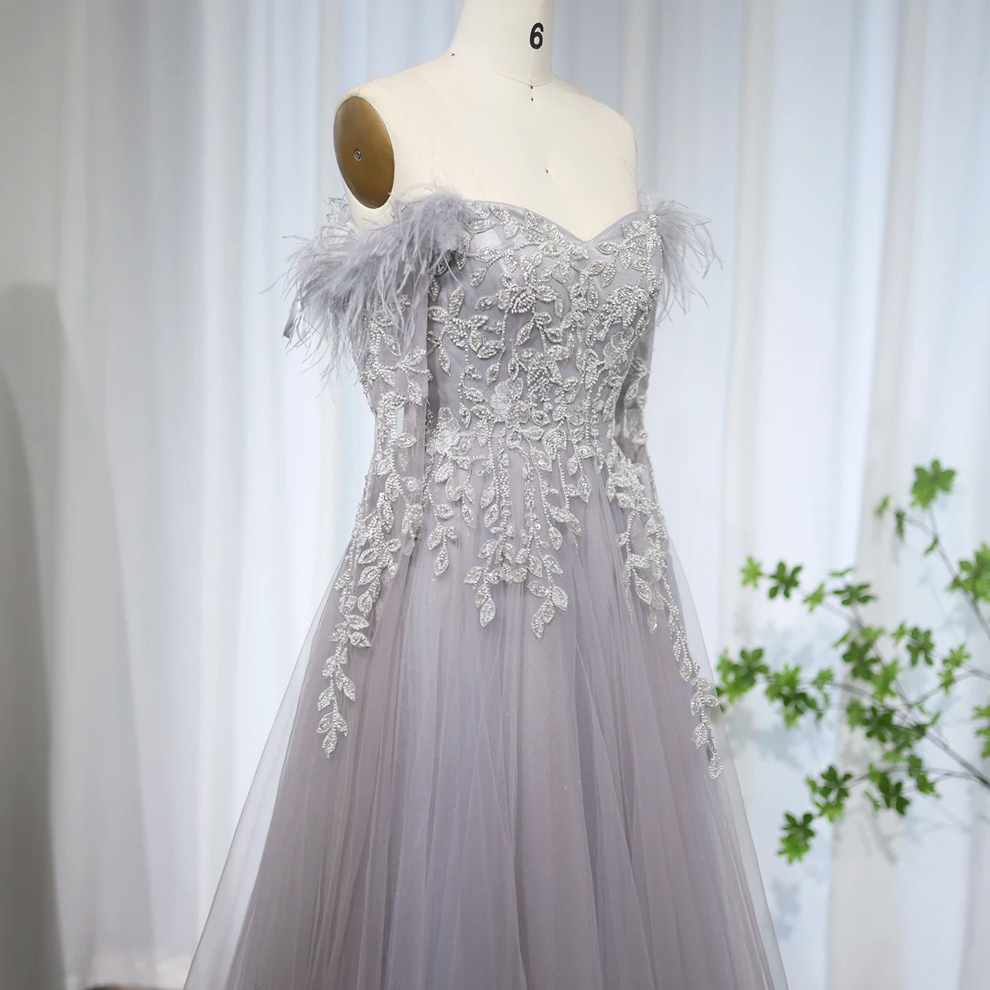 Luxury Feathers Gray Purple Evening Dress with Cape Sleeve Elegant Off Shoulder Lilac Wedding Party Gown - Image 12