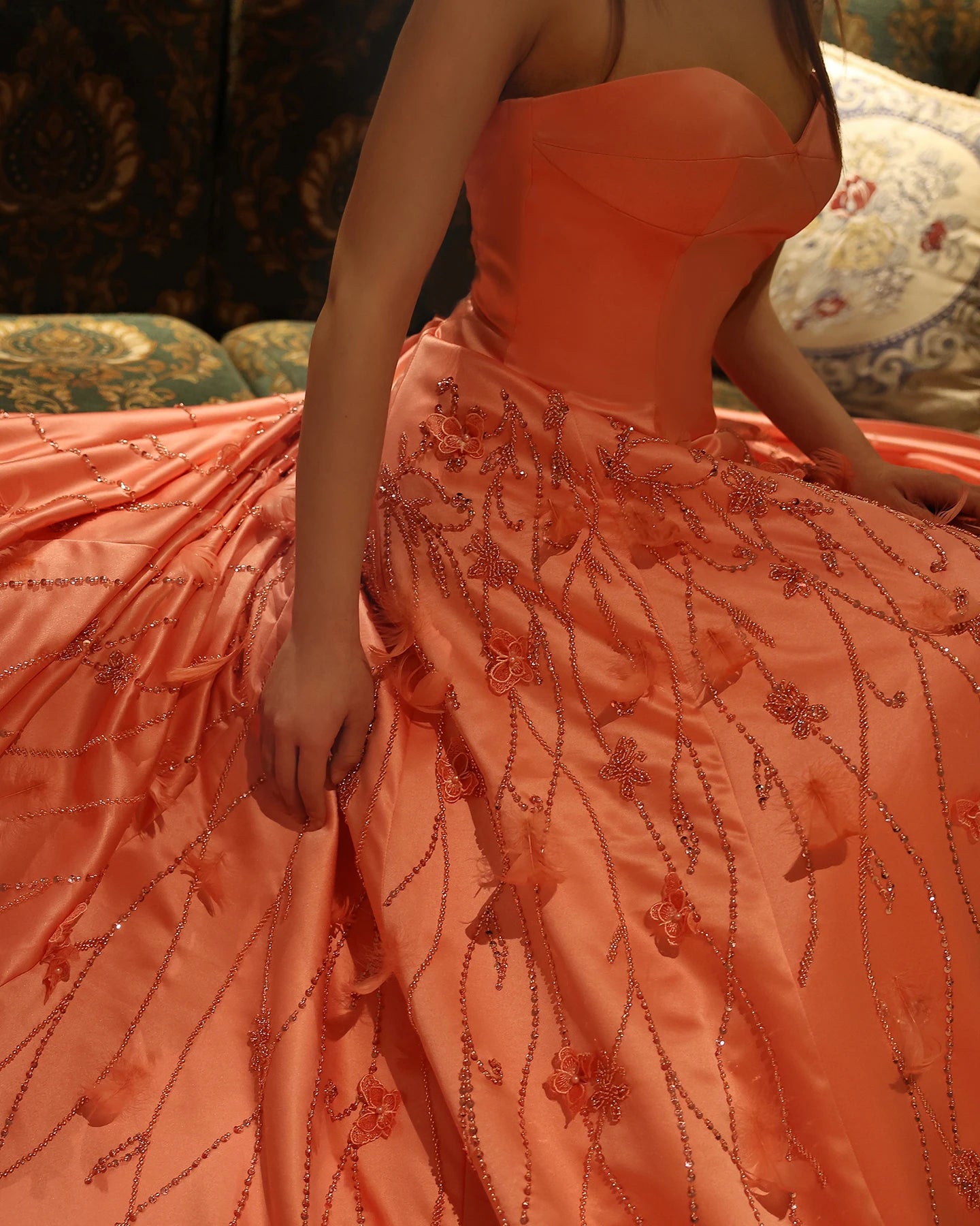 Luxury Feathers Coral Pink Evening Dresses 3D Flowers Sweetheart Long Women Wedding Formal Party Dress - Image 13