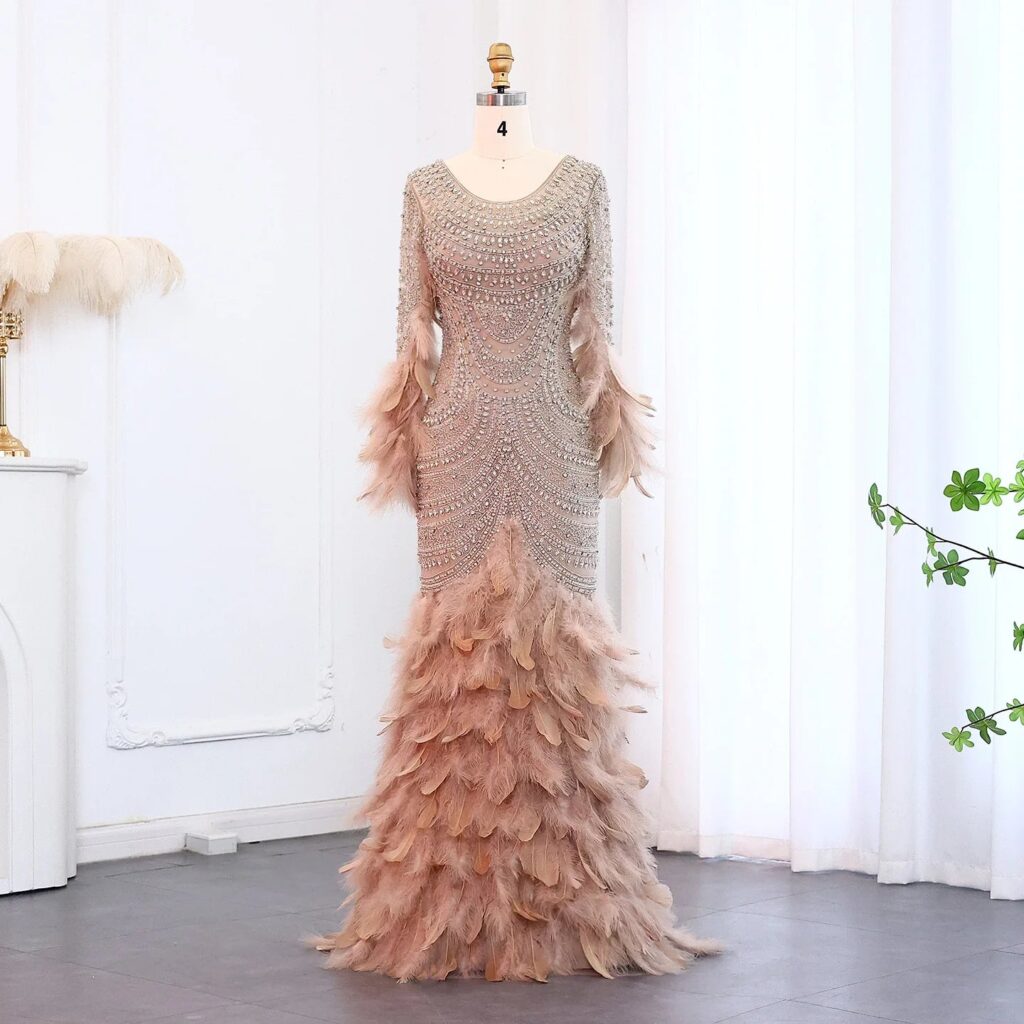 Luxury Feather Nude Mermaid Evening Dress for Women Wedding Party Long Sleeves Elegant