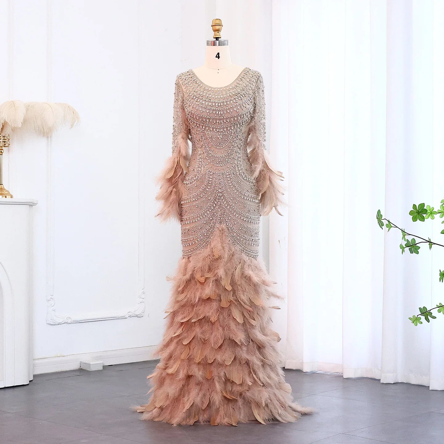 Luxury Feather Nude Mermaid Evening Dress for Women Wedding Party Long Sleeves Elegant