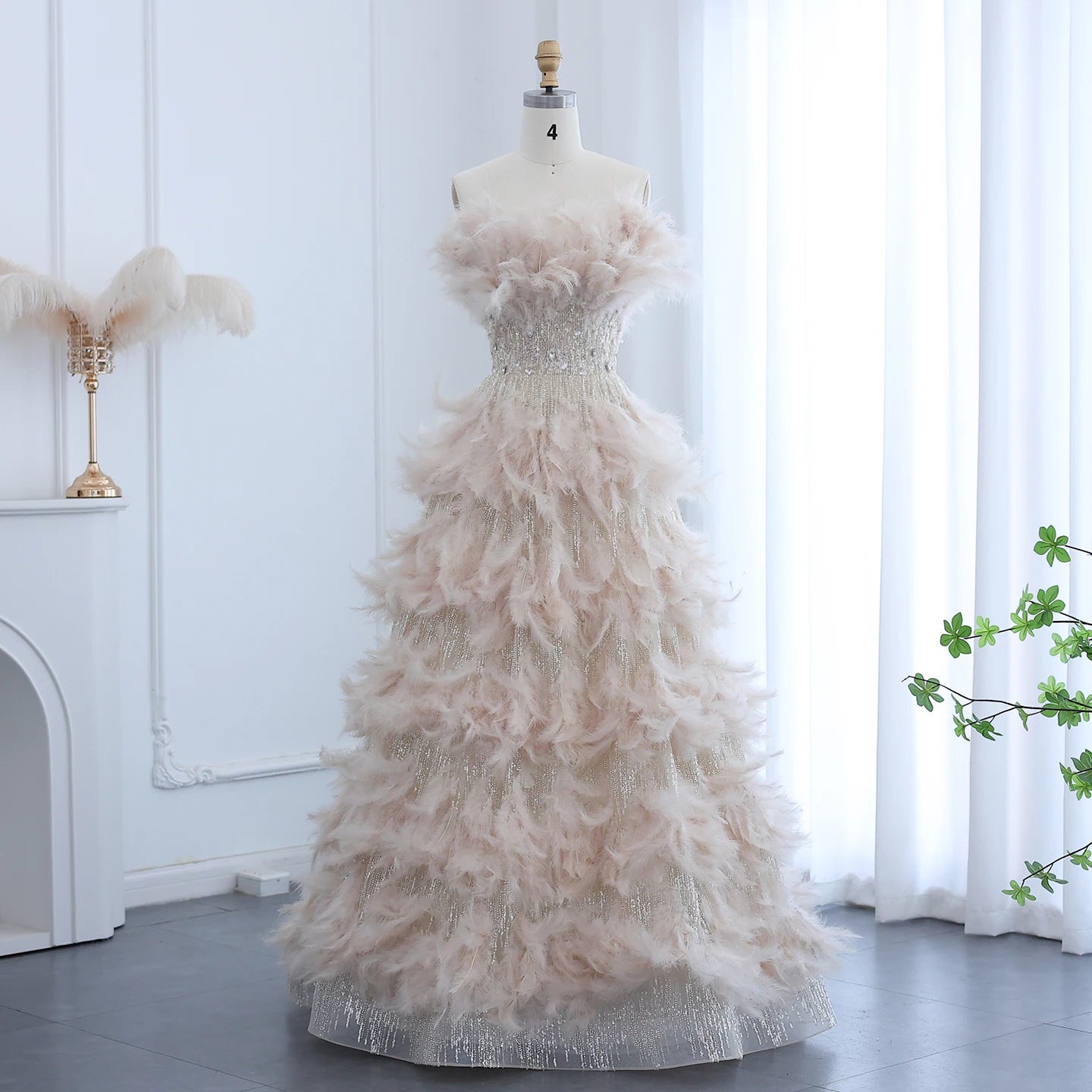 Feathers Princess Crystal Organza Ball Gown Evening Dresses for Women Wedding Engament Party Dress - Image 2