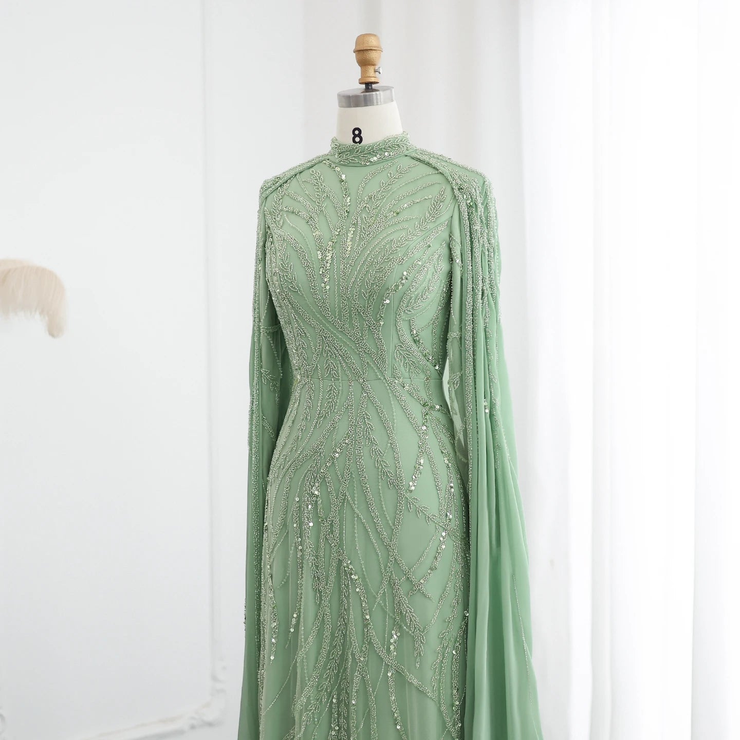 Beaded Sage Green Muslim Evening Dresses with Cape Long Sleeves Arabic Women Wedding Party Gown - Image 7