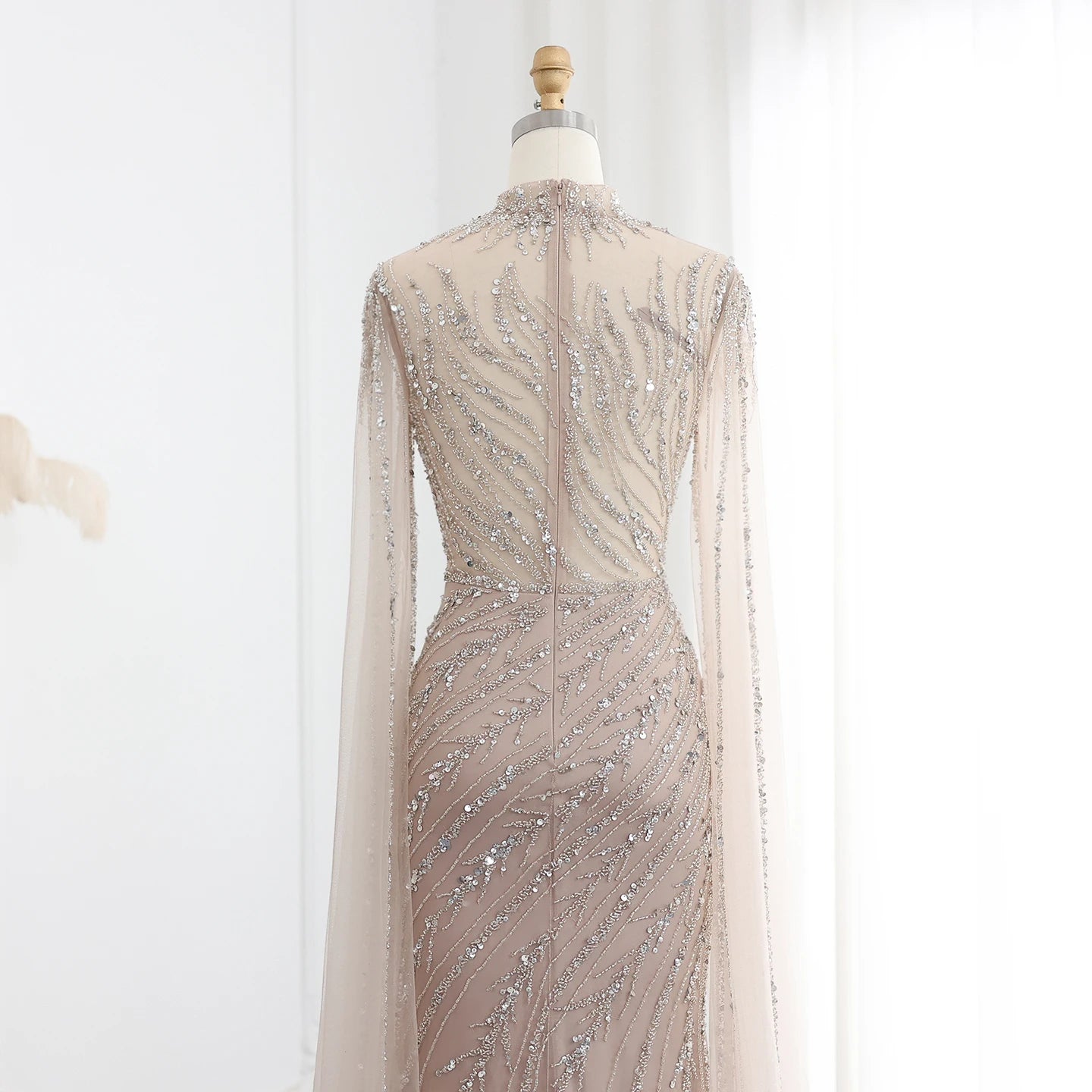 Black Nude Mermaid Evening Dress with Cape Sleeves High Neck Women Party Formal Gowns - Image 7