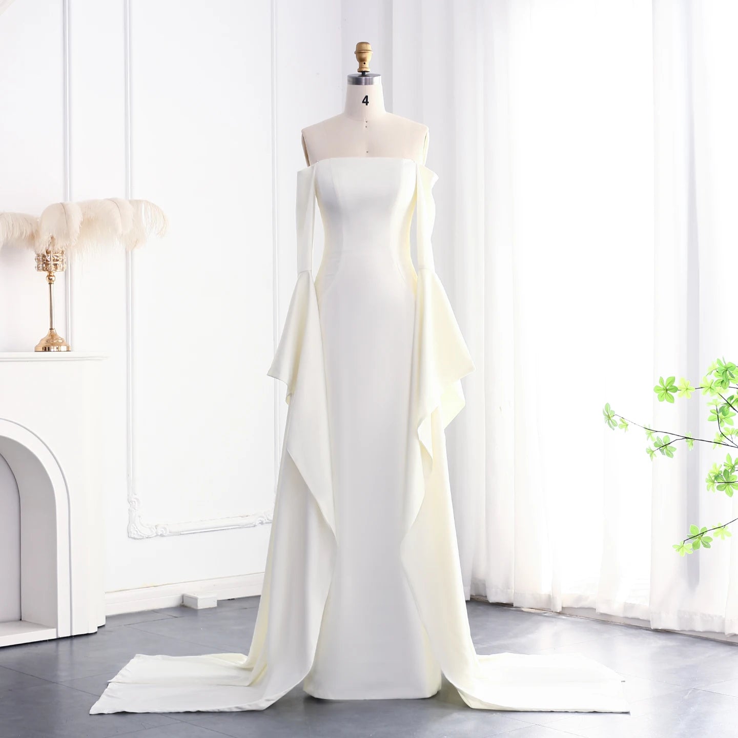 Elegant Off Shoulder Straight Beige Satin Evening Dress For Women Wedding Floor Length - Image 2