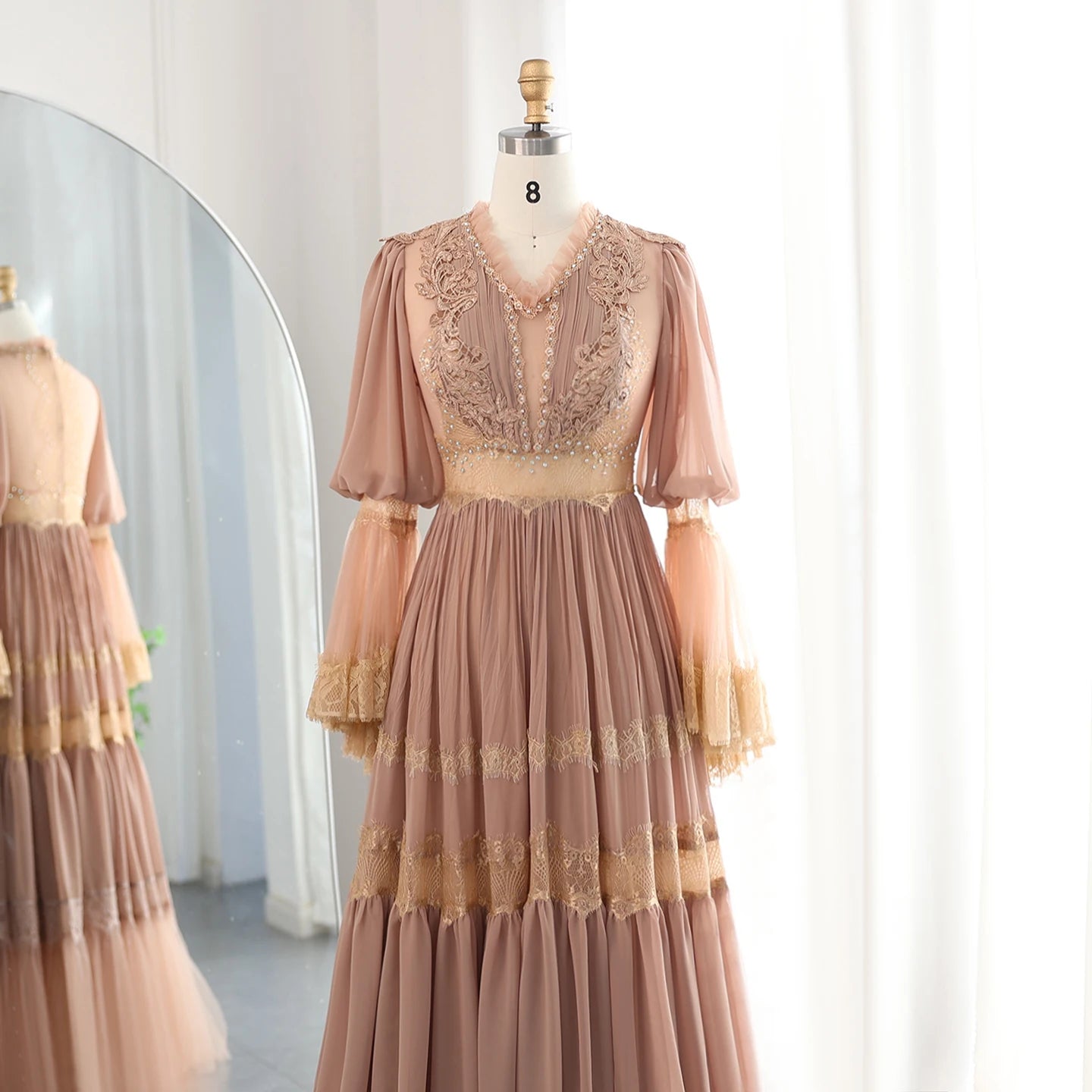 Elegant Peach Lace Evening Dress Luxury Long Sleeves Wedding Party Gowns - Image 2