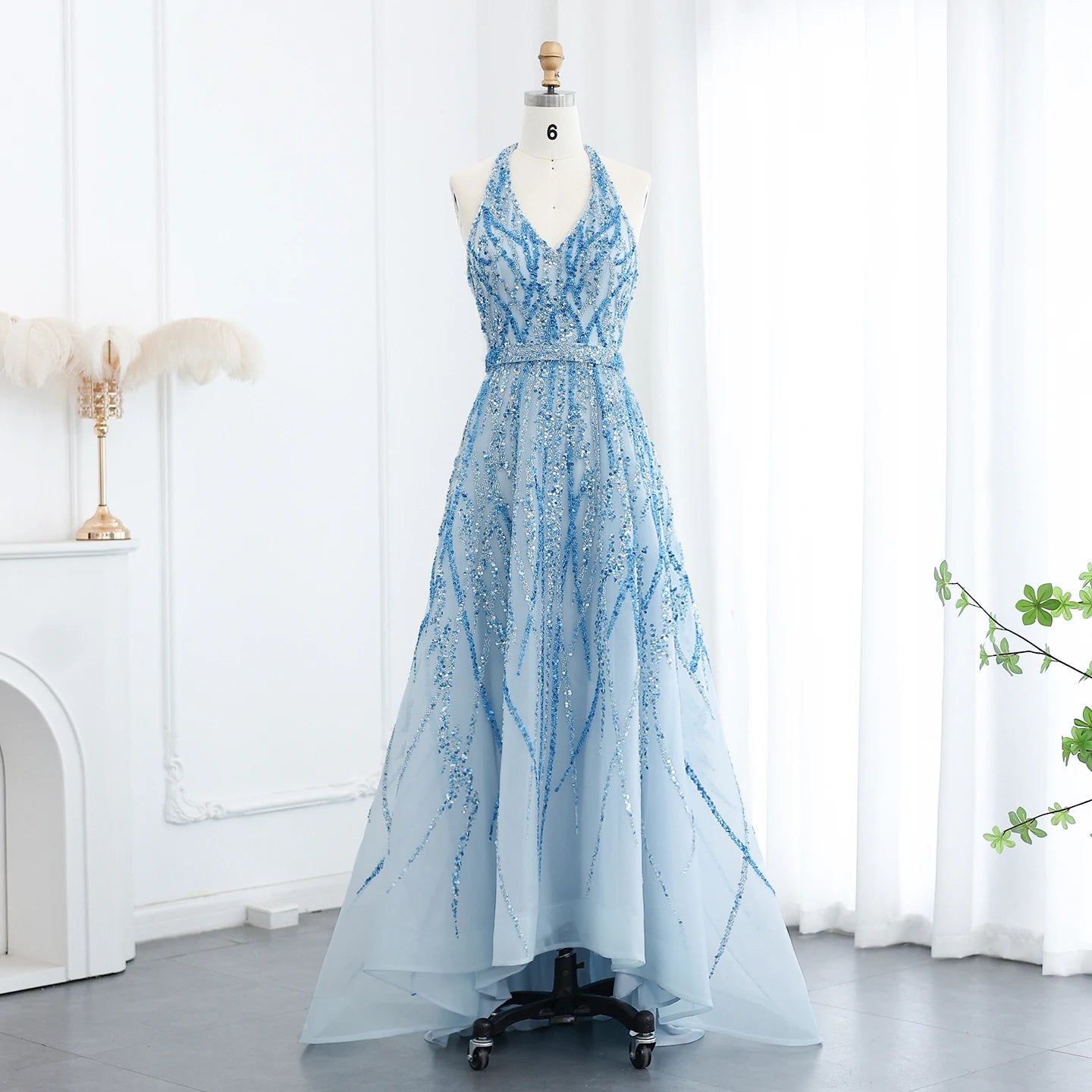 Beaded Lemon Green Evening Dresses with Halter High Low Women Wedding Party Gowns - Image 3