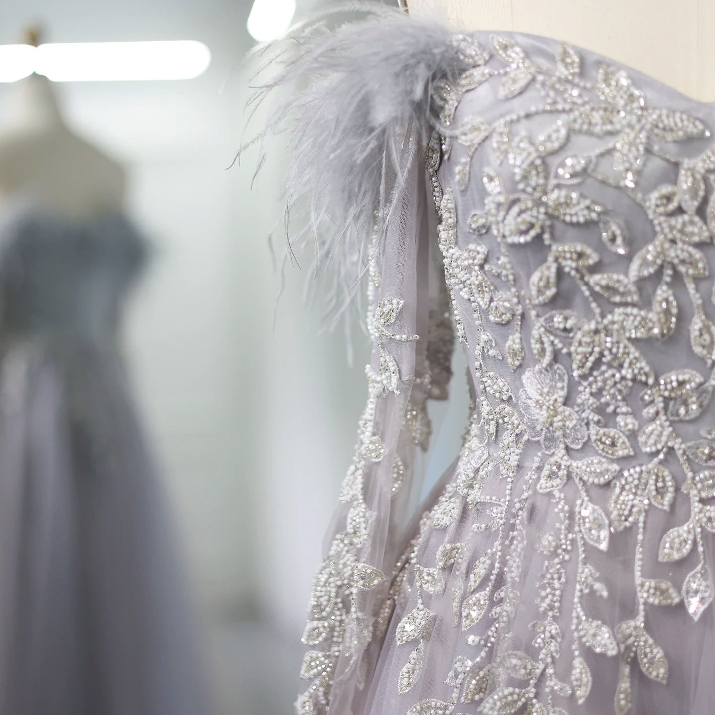 Luxury Feathers Gray Purple Evening Dress with Cape Sleeve Elegant Off Shoulder Lilac Wedding Party Gown - Image 13