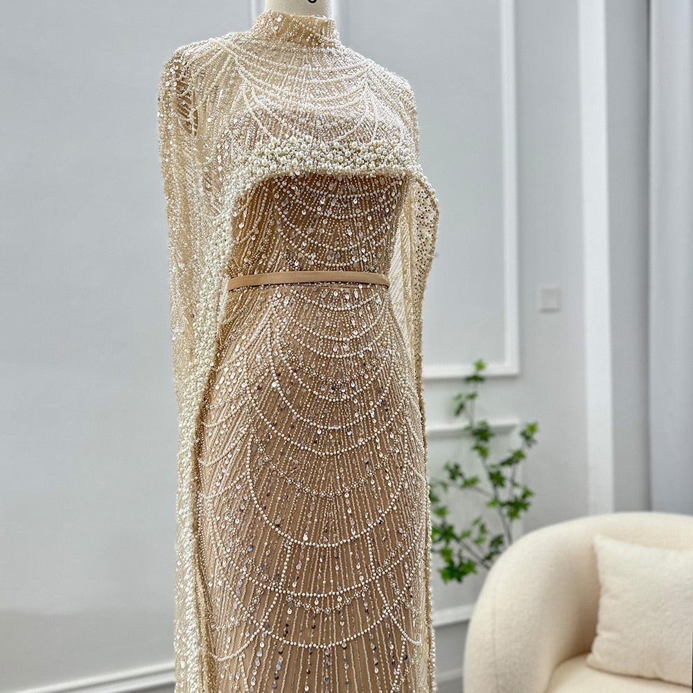 Luxury Pearls Champagne Evening Dresses with Cape Women Mermaid Wedding Party Prom Dress - Image 20