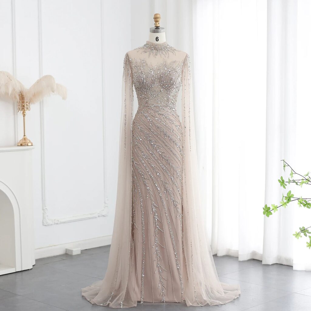 Black Nude Mermaid Evening Dress with Cape Sleeves High Neck Women Party Formal Gowns