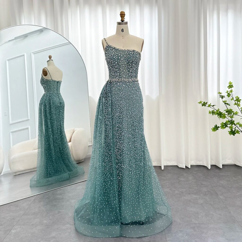 Sparkly Crystal Turquoise One Shoulder Mermaid Evening Dress with Overskirt Arabic Women Wedding Party Gowns