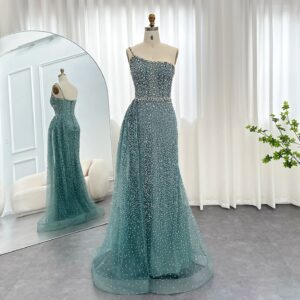 Sparkly Crystal Turquoise One Shoulder Mermaid Evening Dress with Overskirt Arabic Women Wedding Party Gowns