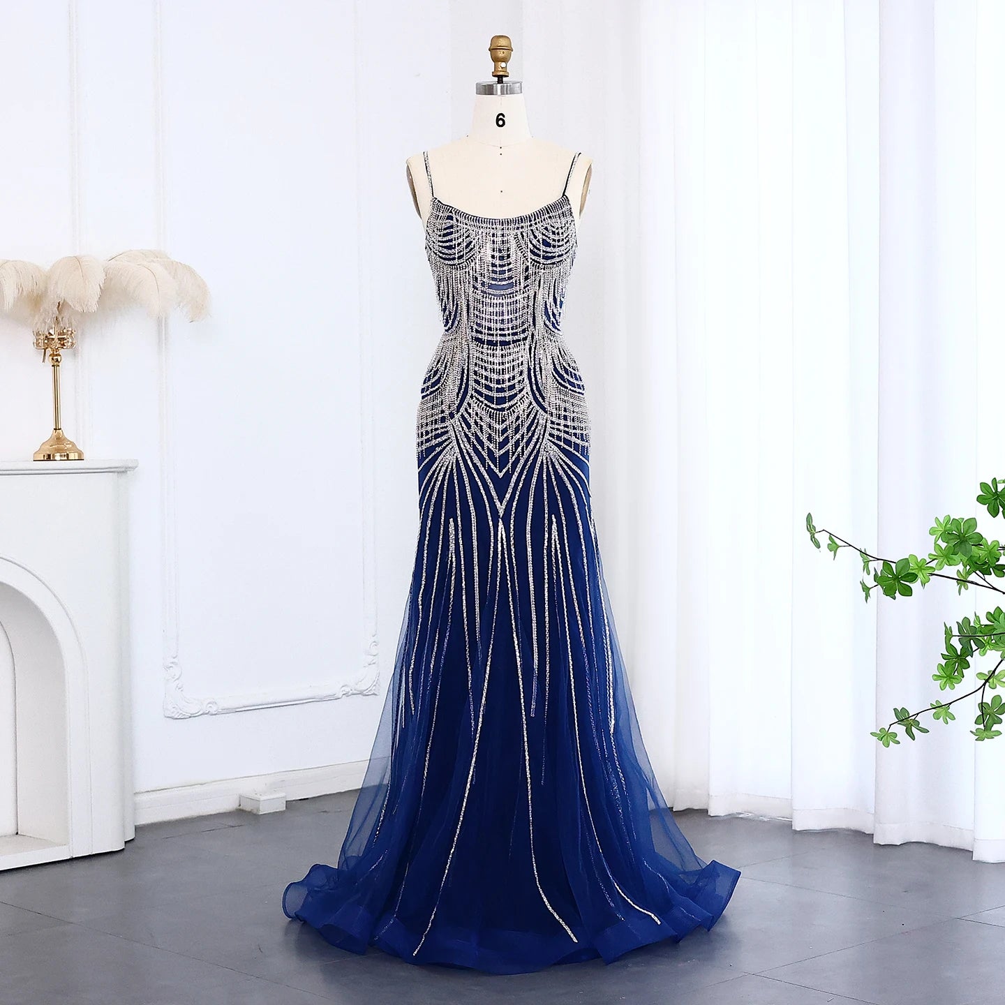 Luxury Crystal Tassel Mermaid Evening Dress with Spaghetti Straps Nude Pink Long Prom Party Gowns - Image 4