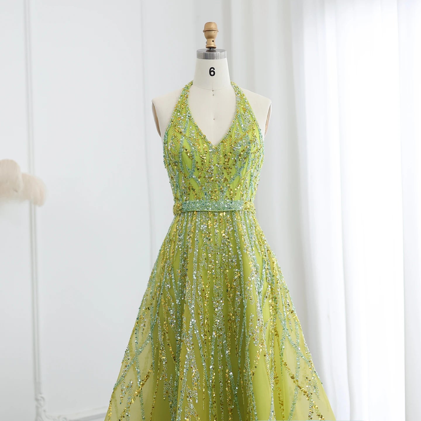 Beaded Lemon Green Evening Dresses with Halter High Low Women Wedding Party Gowns - Image 5