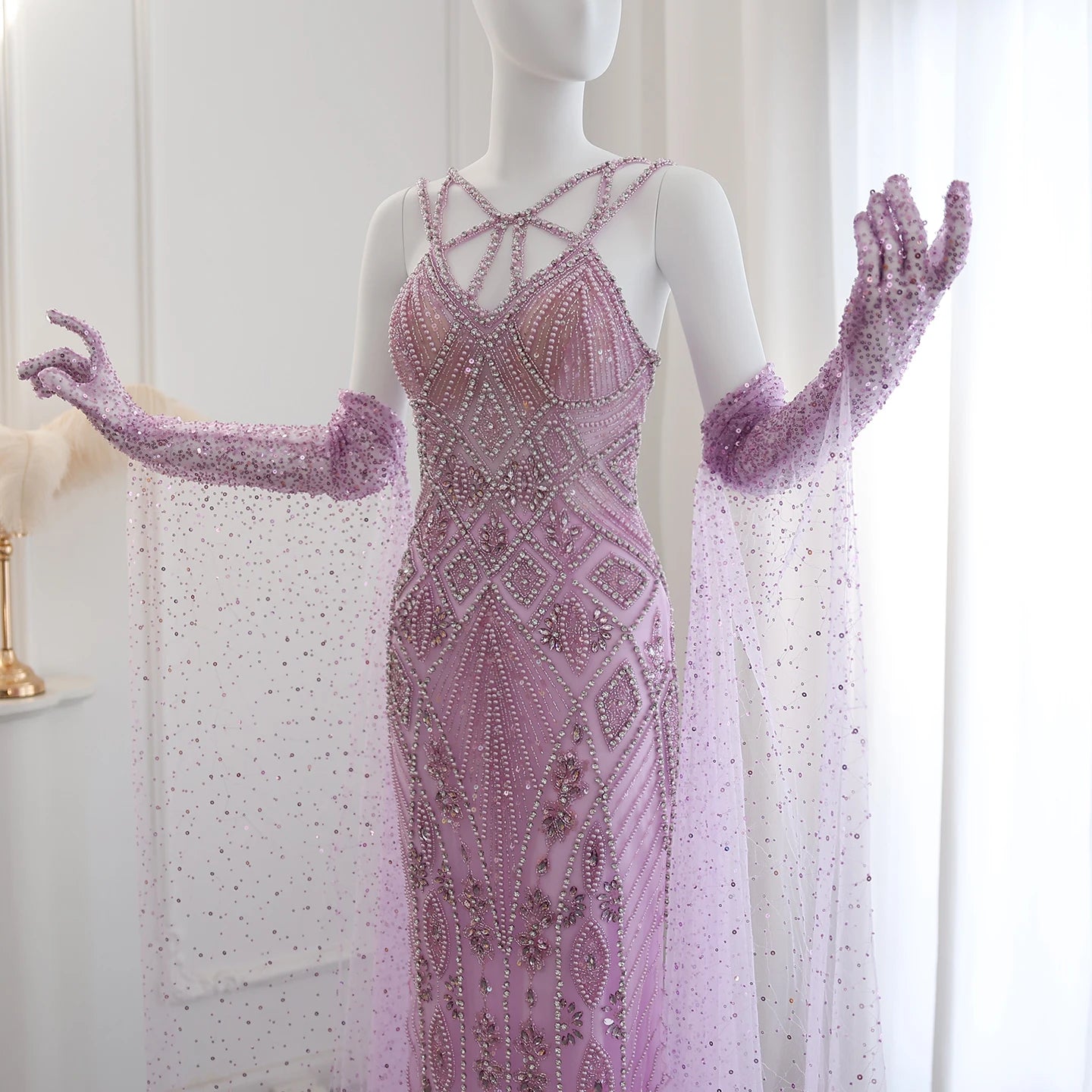 Luxury Lilac Evening Dresses with Gloves Cape Sleeves Long Straight Beyonce Celebrity Prom Party Gowns - Image 6