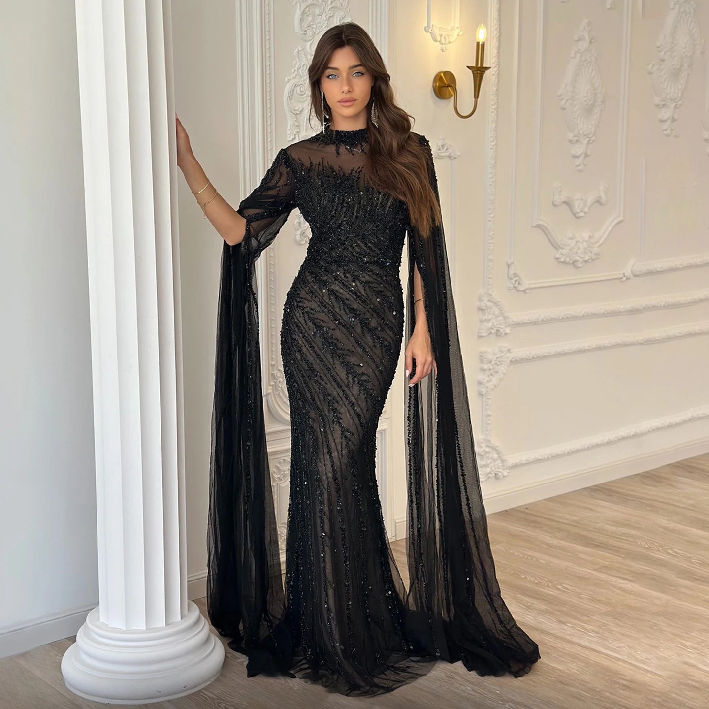Black Nude Mermaid Evening Dress with Cape Sleeves High Neck Women Party Formal Gowns - Image 2