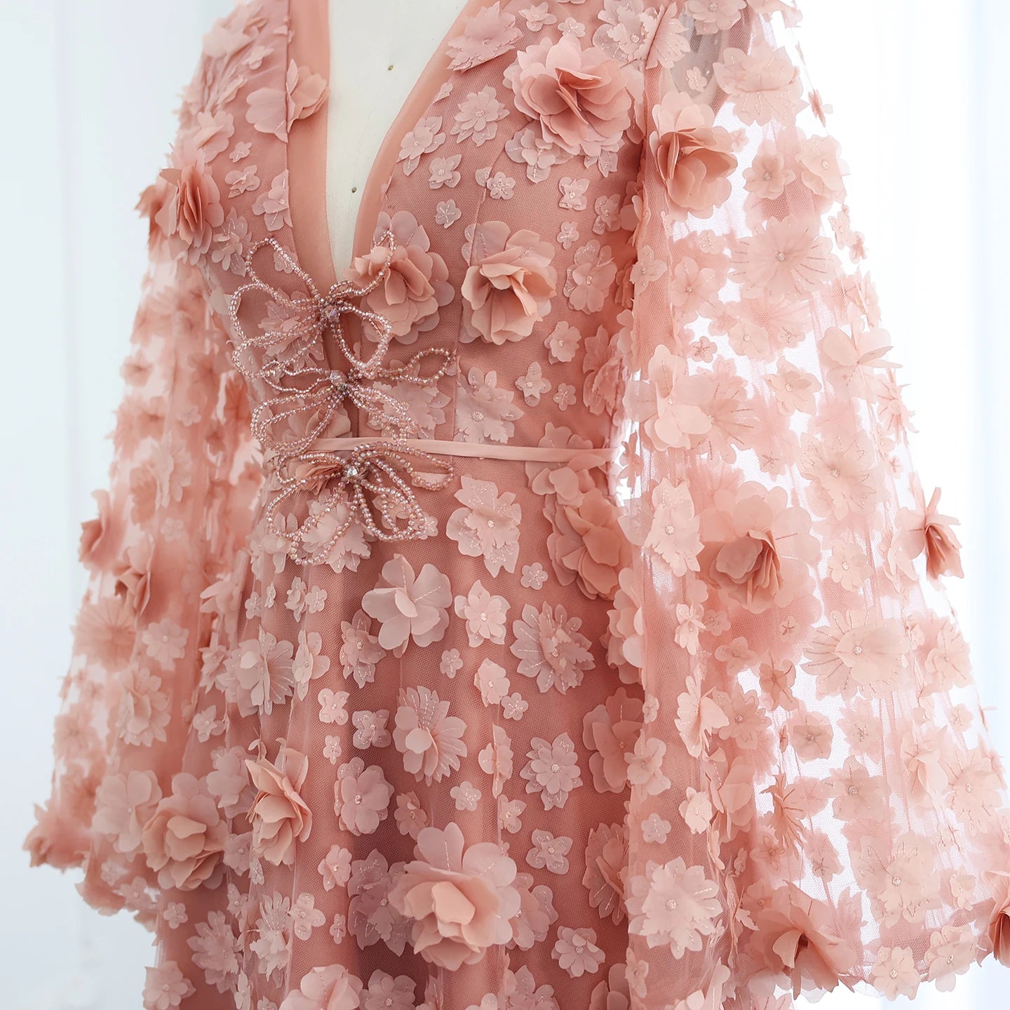 Blush Peach-Pink 3D Flowers Evening Dresses with Bell Long Sleeves V-Neck Wedding Party Birthday Gowns - Image 6