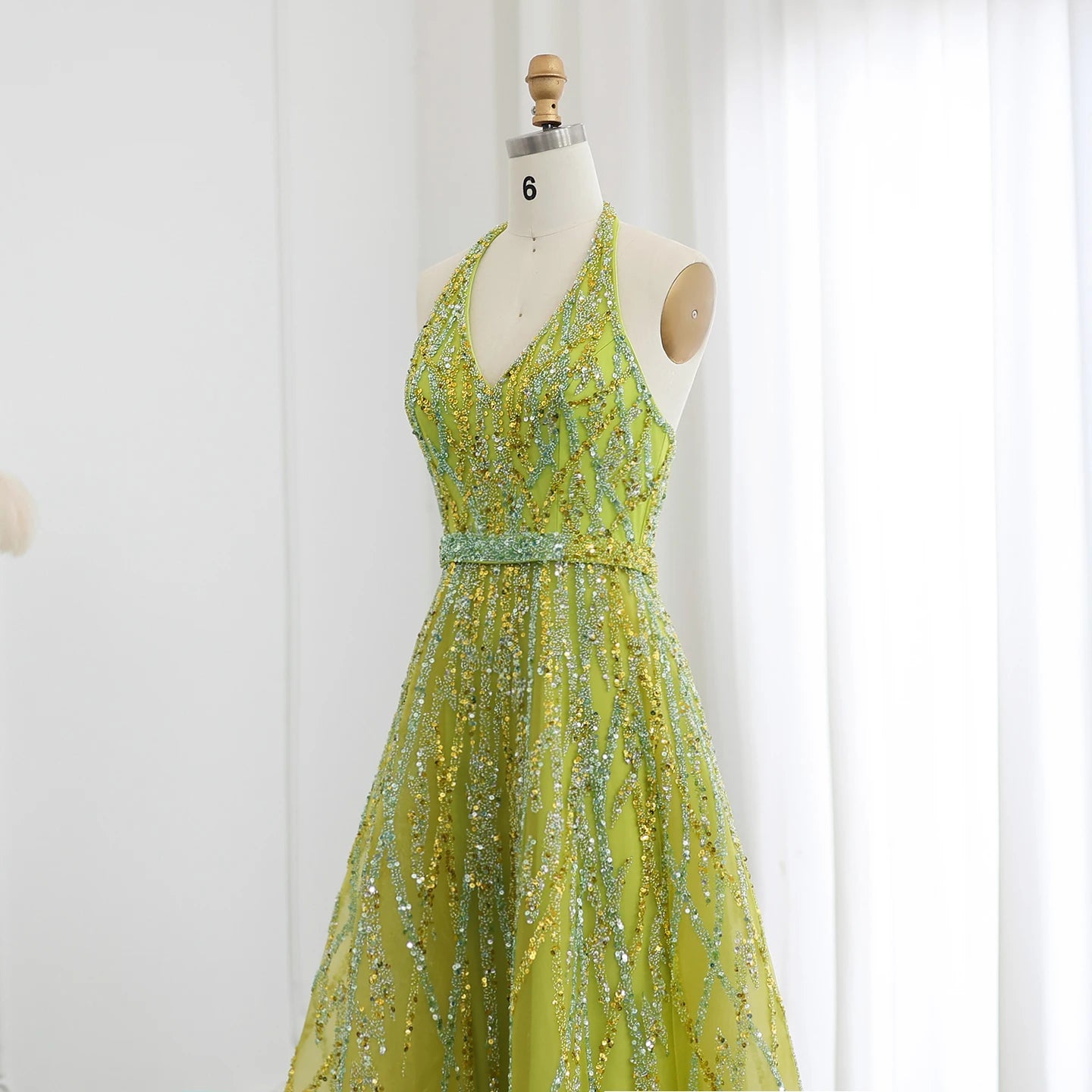 Beaded Lemon Green Evening Dresses with Halter High Low Women Wedding Party Gowns - Image 6
