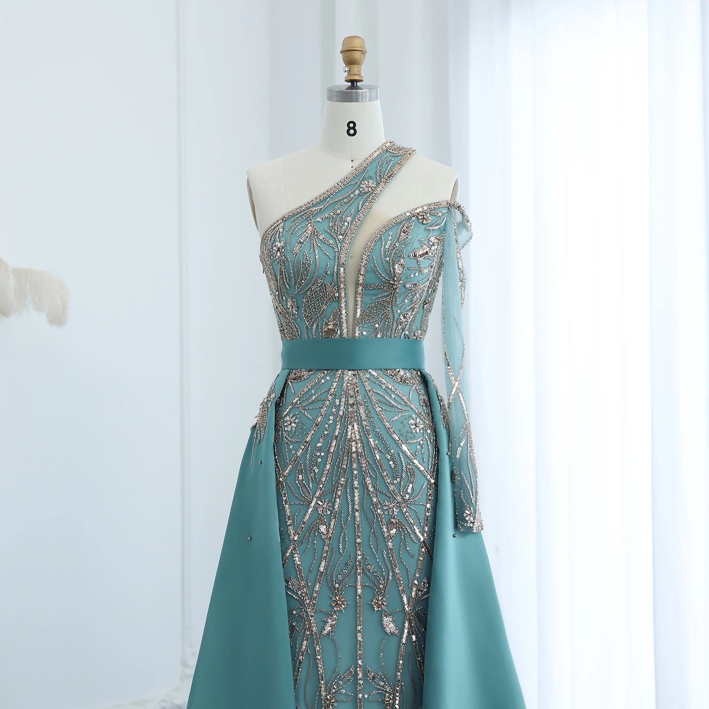 Luxury Beads One Shoulder Turquoise Evening Dress with Overskirt Women Wedding Party Gown - Image 3