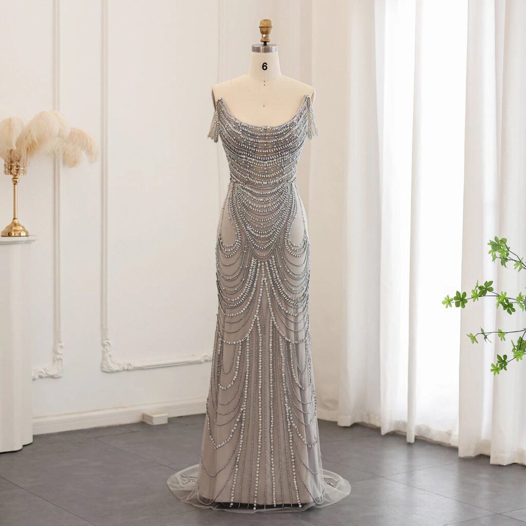Luxury Crystal Silver Gray Mermaid Evening Dresses for Women Wedding Long Black Girls Prom Party Gowns