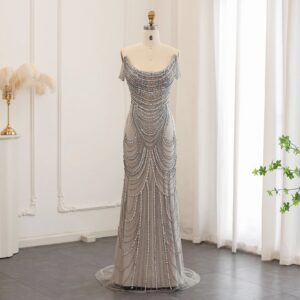 Luxury Crystal Silver Gray Mermaid Evening Dresses for Women Wedding Long Black Girls Prom Party Gowns