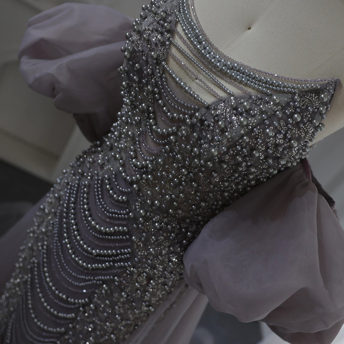 Luxury Pearls Purple Mermaid Evening Dress with Cape Sleeves Tassel Wedding Party Gowns - Image 4