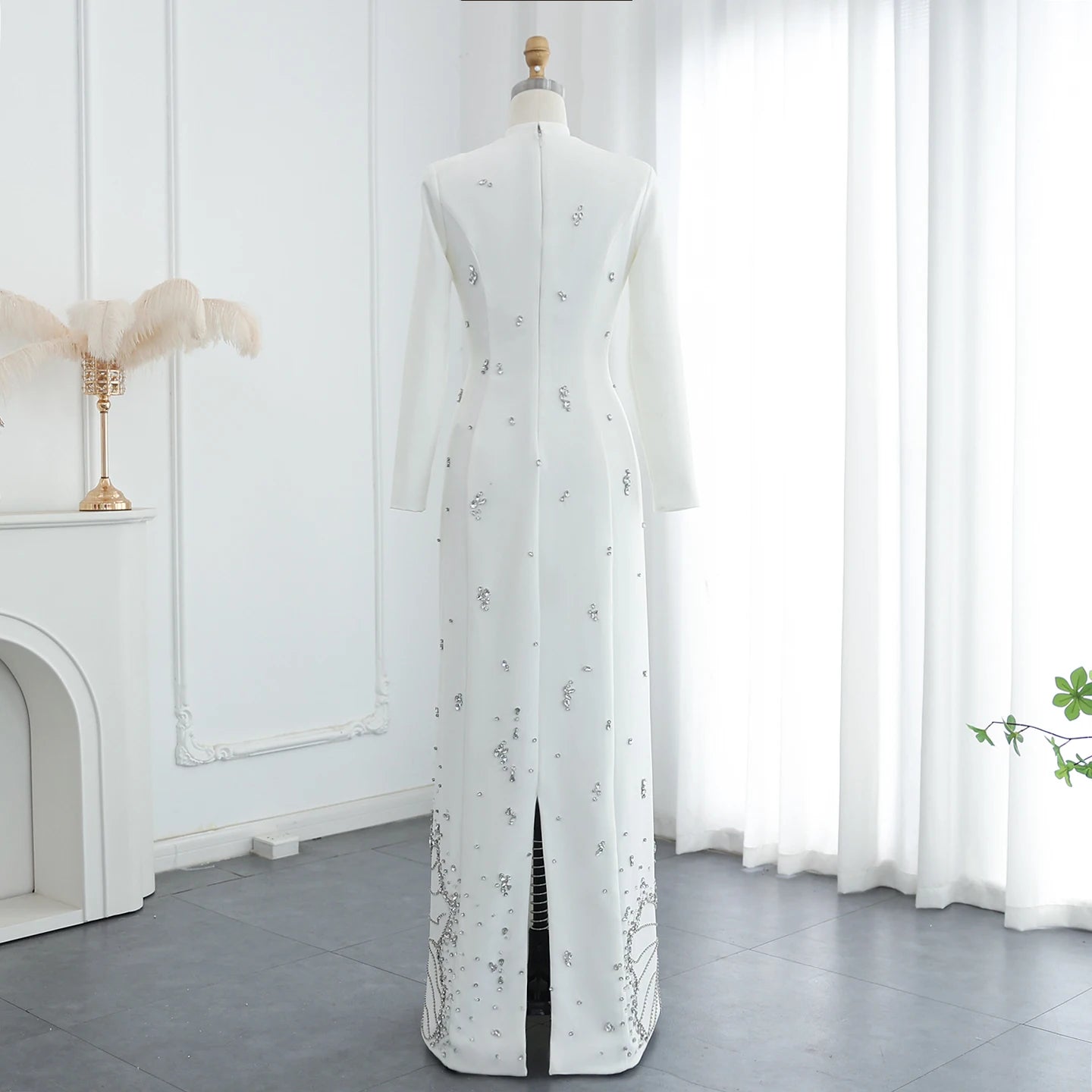 High Neck Straight White Satin Arabic Evening Dress For Women Wedding Beads Slit Long Sleeves - Image 5