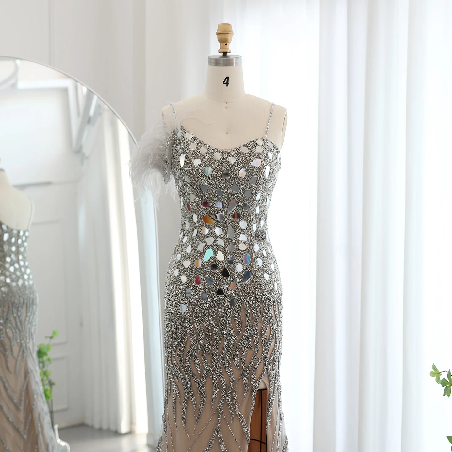 Luxury Beaded Feather Mermaid Silver Nude Evening Dress for Women Wedding Party Elegant Dubai Formal Prom Gown - Image 11