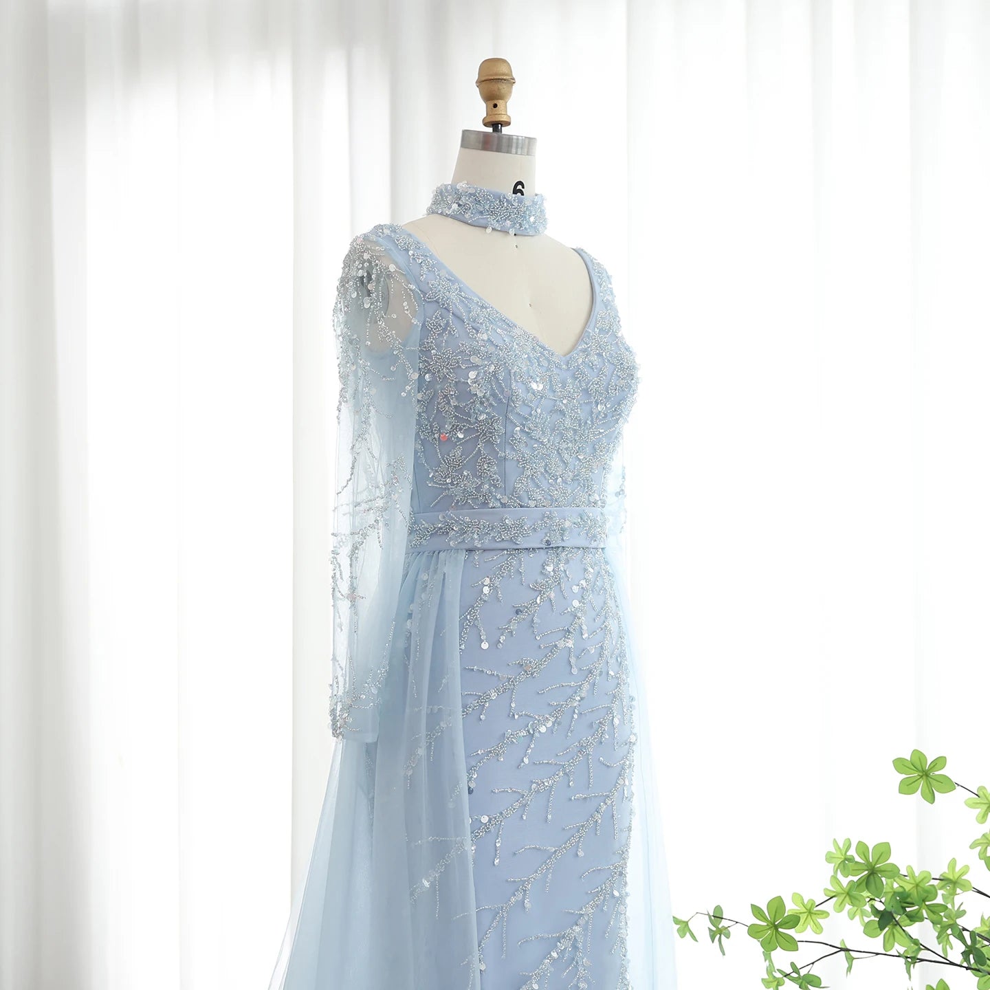 Luxury Beaded Mermaid Evening Dress with Overskirt Long Sleeves Women Wedding Party Gowns - Image 12