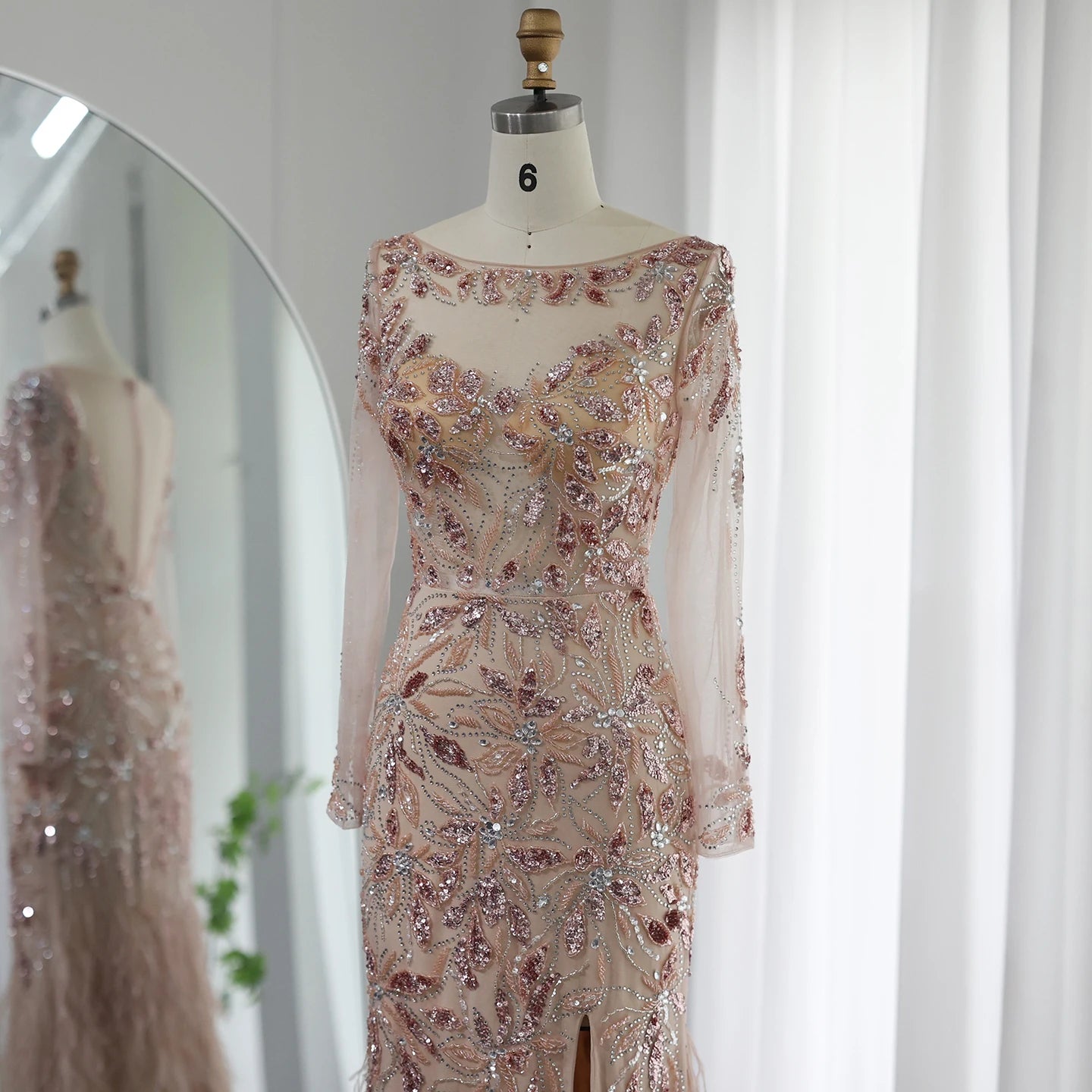 Luxury Feathers Evening Dresses for Women Wedding Elegant Long Sleeves Mermaid Prom Party Gowns - Image 6