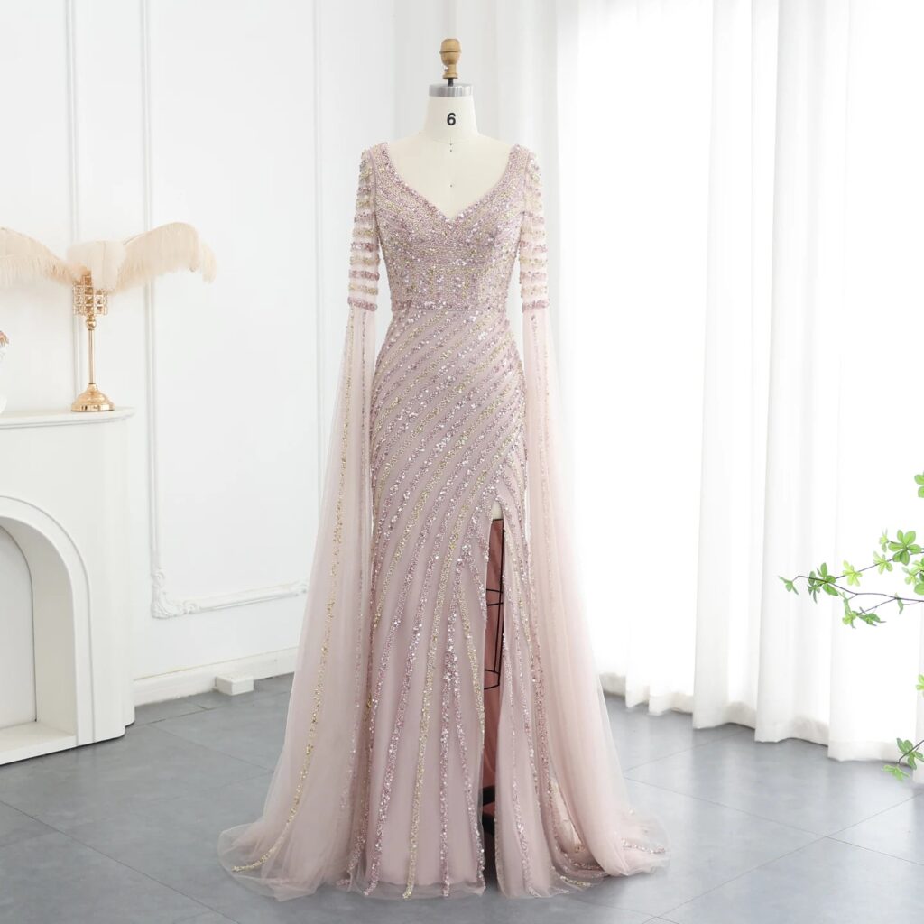 Luxury Beaded Mermaid Evening Dresses with Cape Sleeves Side Slit Women Long Wedding Party Gowns