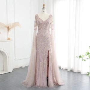 Luxury Beaded Mermaid Evening Dresses with Cape Sleeves Side Slit Women Long Wedding Party Gowns