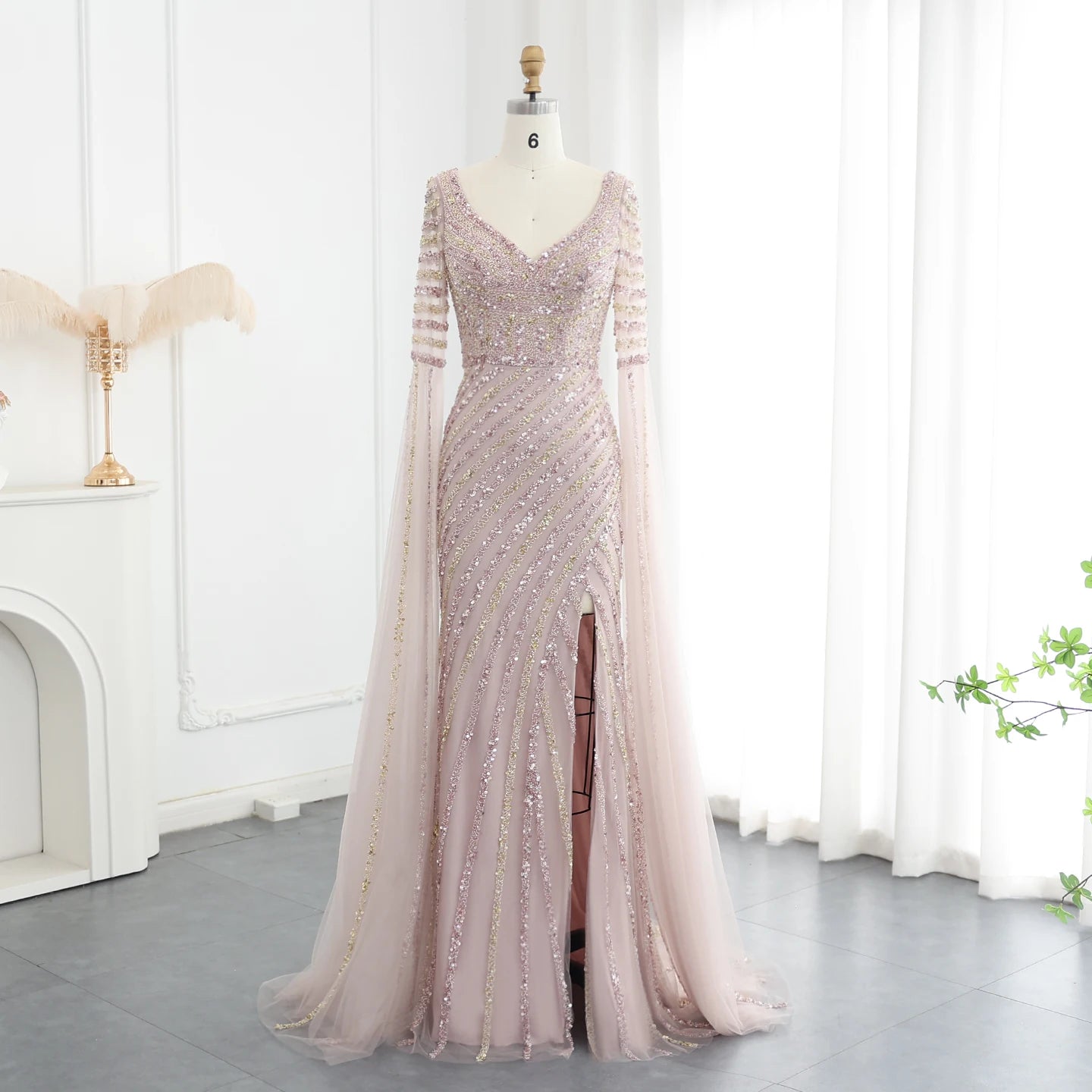 Luxury Beaded Mermaid Evening Dresses with Cape Sleeves Side Slit Women Long Wedding Party Gowns