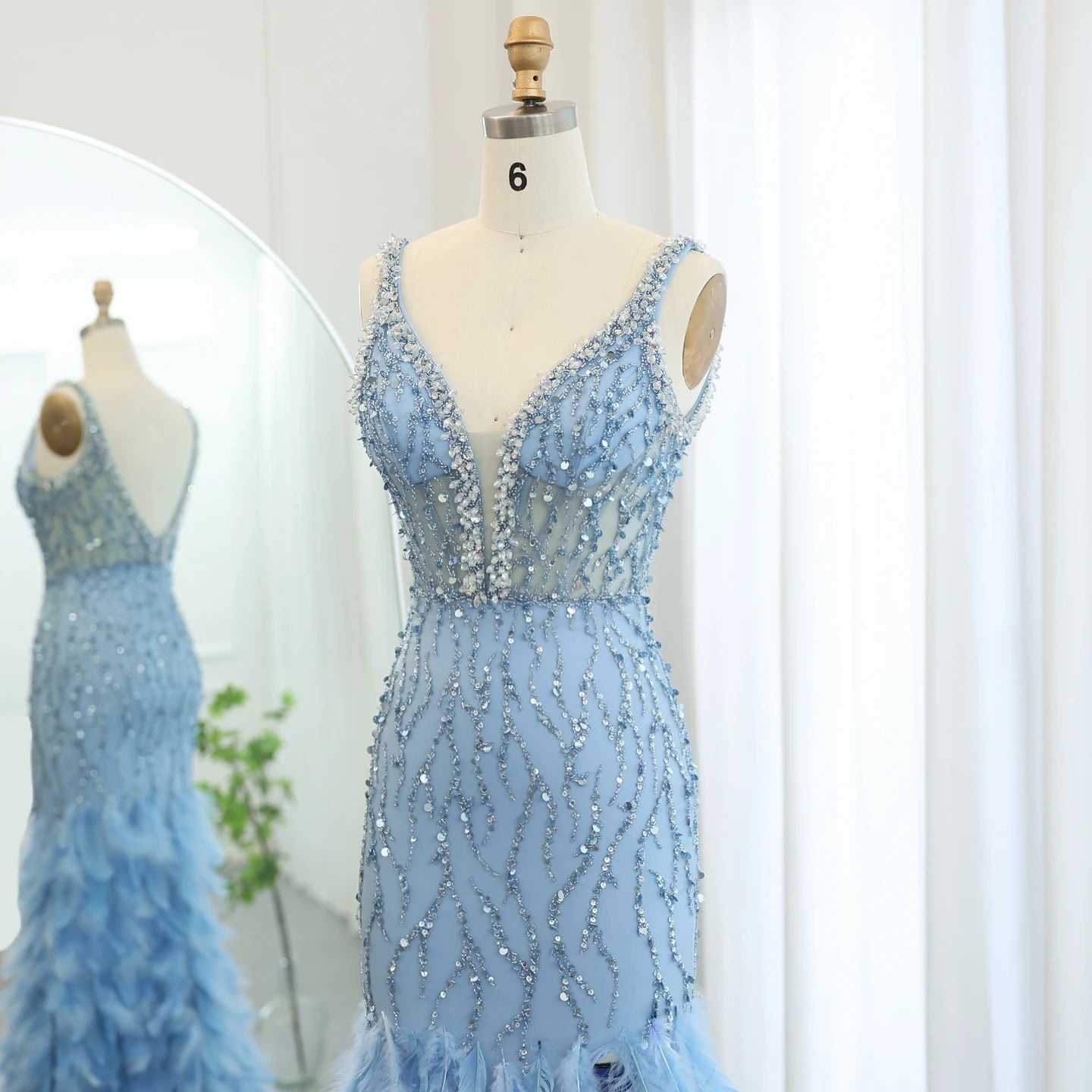 Luxury Feathers Mermaid Evening Dresses for Women Wedding V-Neck Blue Side Slit Long Prom Party Dress - Image 7
