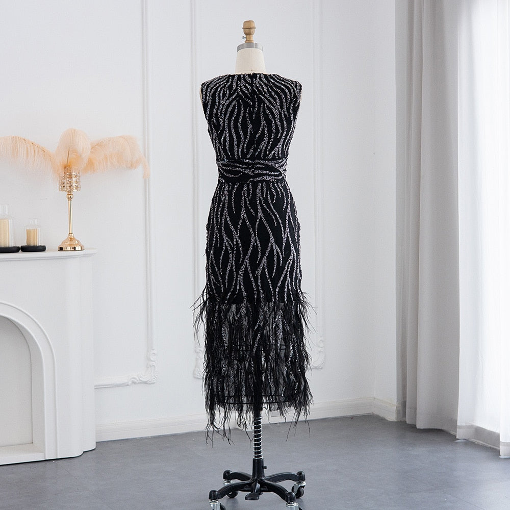 Elegant Lace Midi Evening Dress with Feathers Beading Formal Dresses for Wedding Party - Image 23