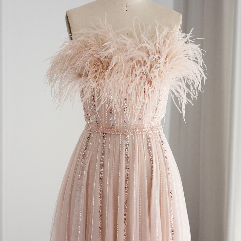 Luxury Blush Pink Feathers Evening Dress Wedding Party Long Elegant Formal Prom Dresses - Image 5