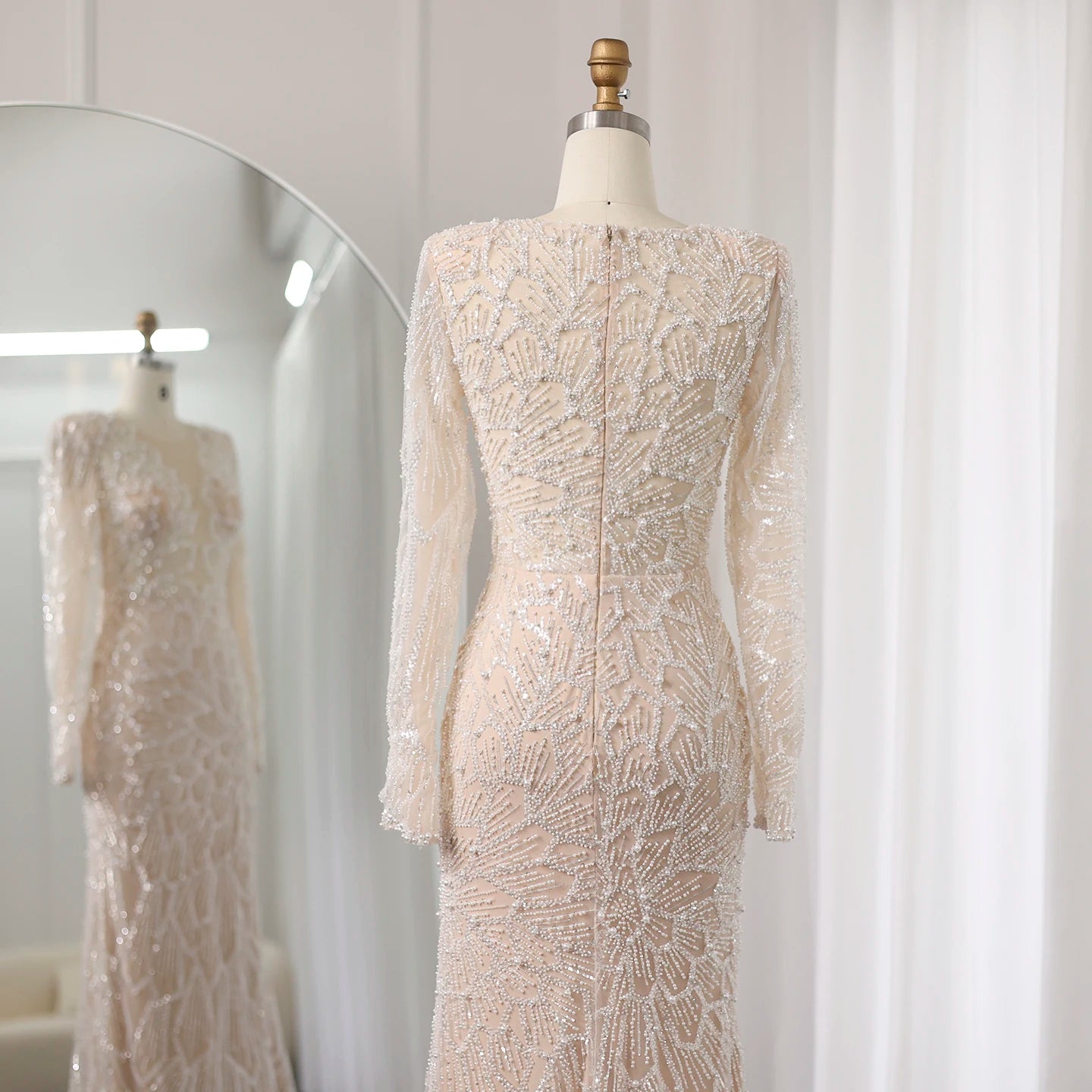 Luxury Beige Mermaid Evening Dress for Women Wedding Long Sleeves Bridal Prom Party Gowns - Image 6