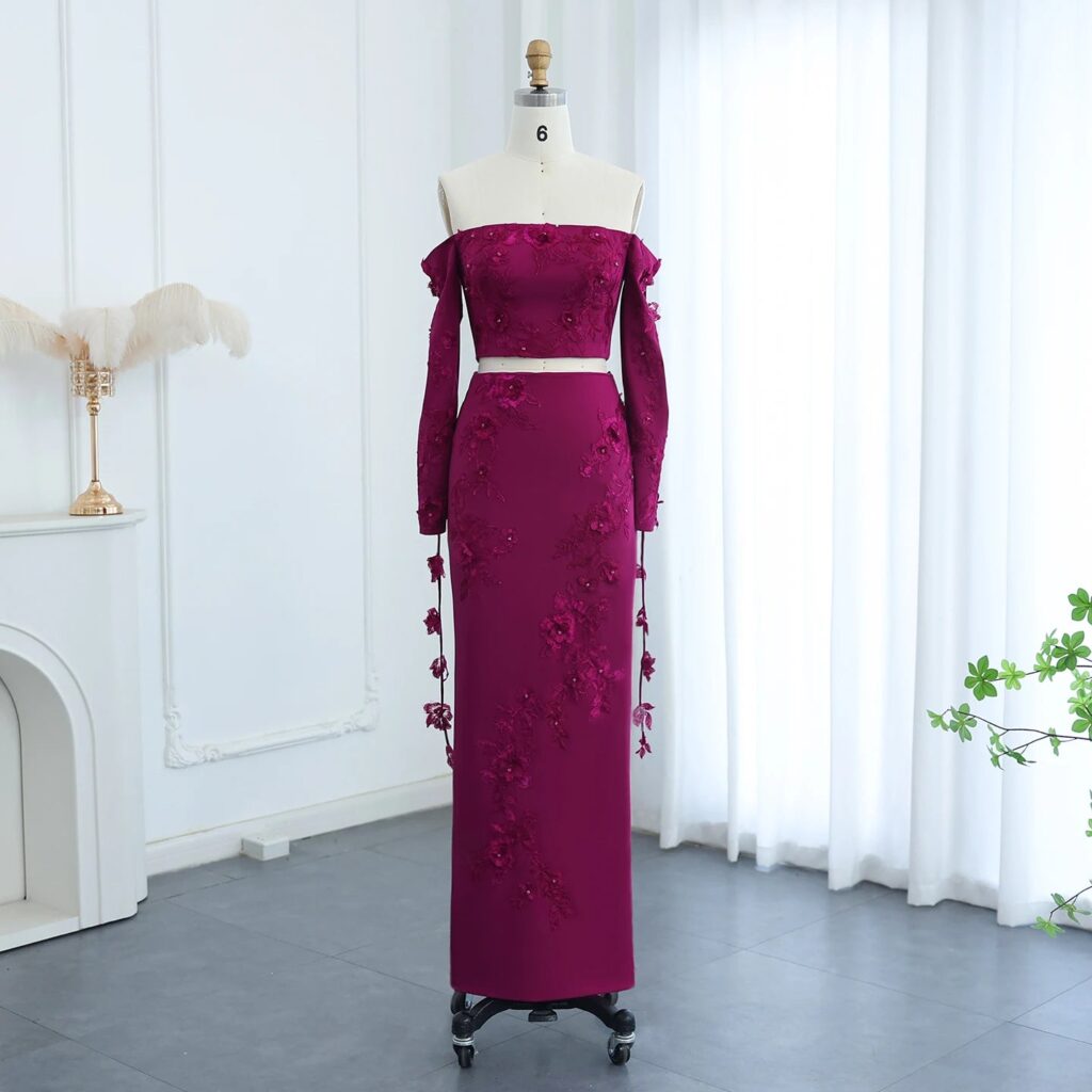Elegant Off Shoulder Fuchsia 2 Pieces Evening Dress with Long Sleeves 3D Flowers Arabic Wedding Party Gowns