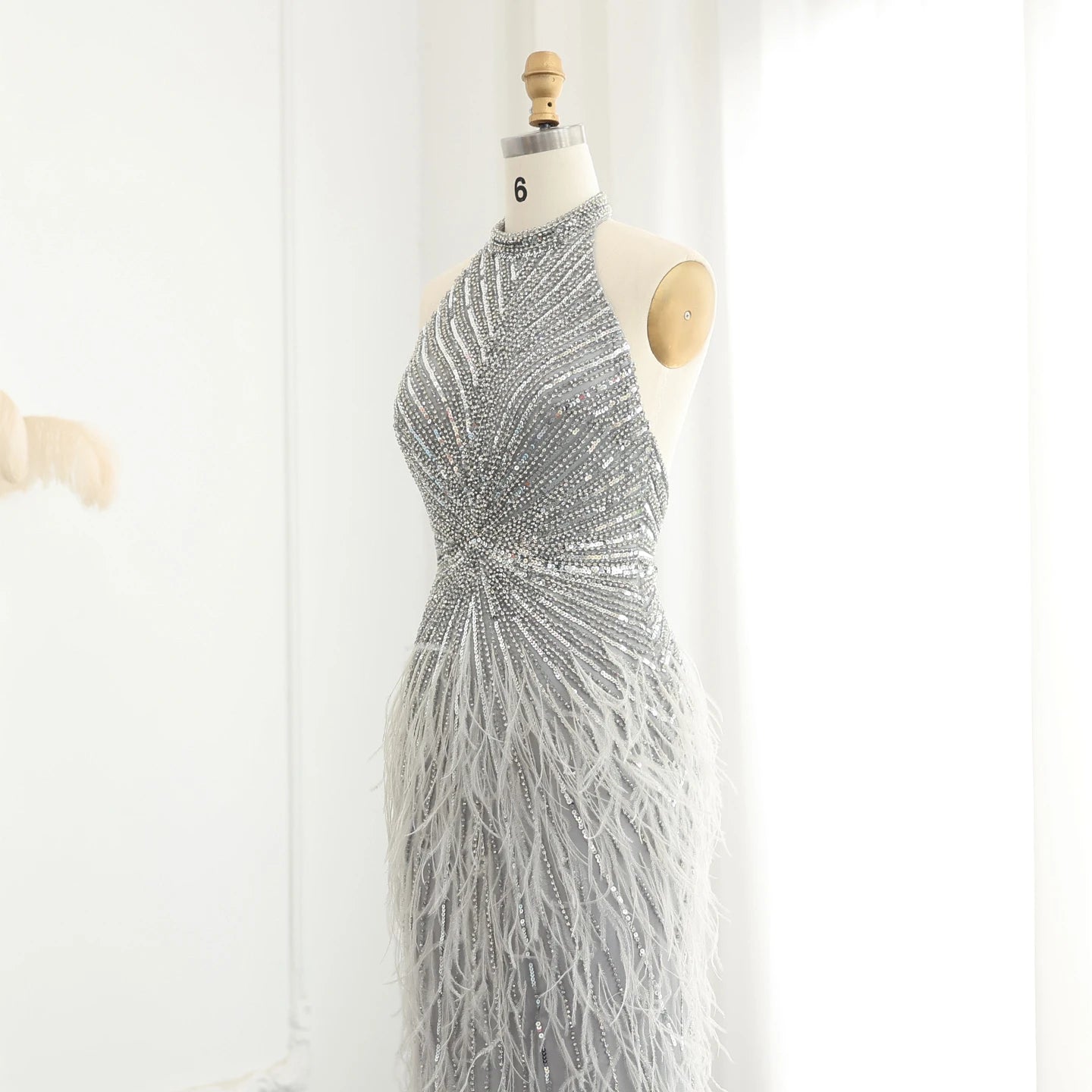 Luxury Beaded Feathers Mermaid Silver Gray Evening Dress Halter Backless Blue Beige Formal Party Gown - Image 23